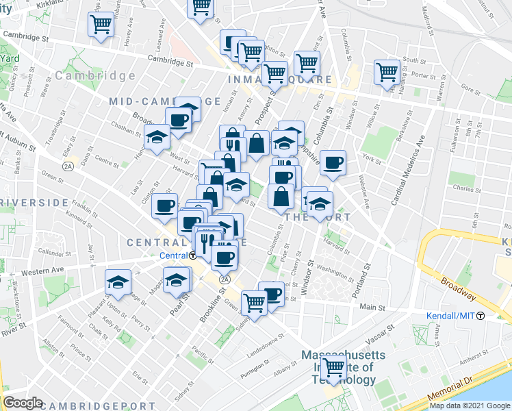 map of restaurants, bars, coffee shops, grocery stores, and more near Harvard St & Norfolk St in Cambridge