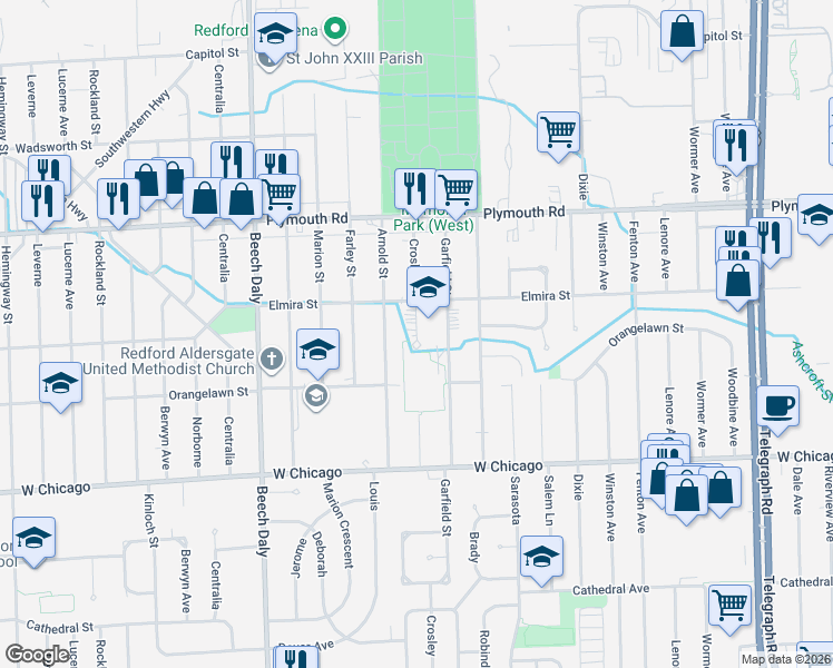 map of restaurants, bars, coffee shops, grocery stores, and more near 9999 Crosley in Redford Charter Township