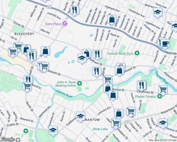 map of restaurants, bars, coffee shops, grocery stores, and more near 44 Green River Way in Watertown