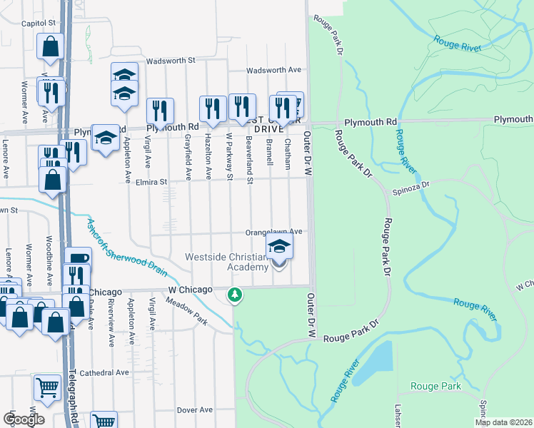 map of restaurants, bars, coffee shops, grocery stores, and more near 9951 Bramell in Detroit