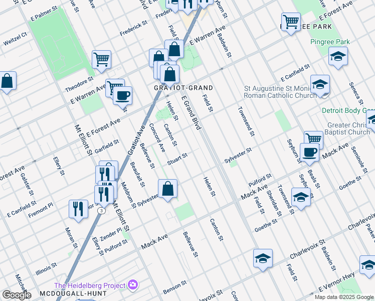 map of restaurants, bars, coffee shops, grocery stores, and more near 4110 Canton Street in Detroit