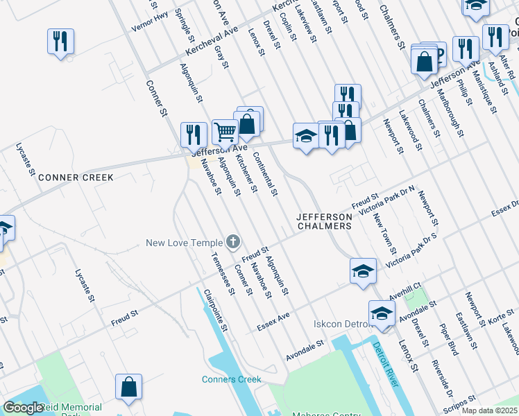 map of restaurants, bars, coffee shops, grocery stores, and more near 827 Kitchener Street in Detroit