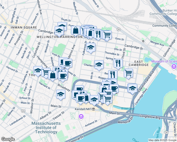 map of restaurants, bars, coffee shops, grocery stores, and more near 300 Bent Street in Cambridge