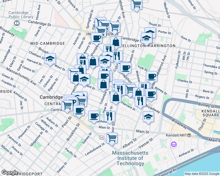 map of restaurants, bars, coffee shops, grocery stores, and more near 268 Broadway in Cambridge