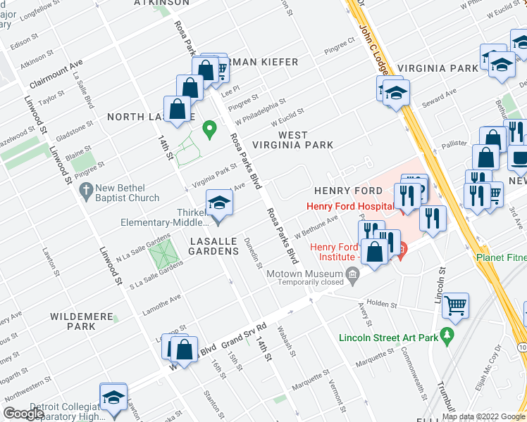 map of restaurants, bars, coffee shops, grocery stores, and more near 7729 Rosa Parks Boulevard in Detroit
