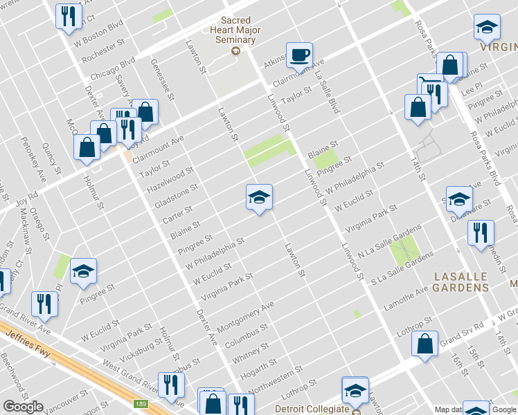 map of restaurants, bars, coffee shops, grocery stores, and more near 2930 Pingree Street in Detroit