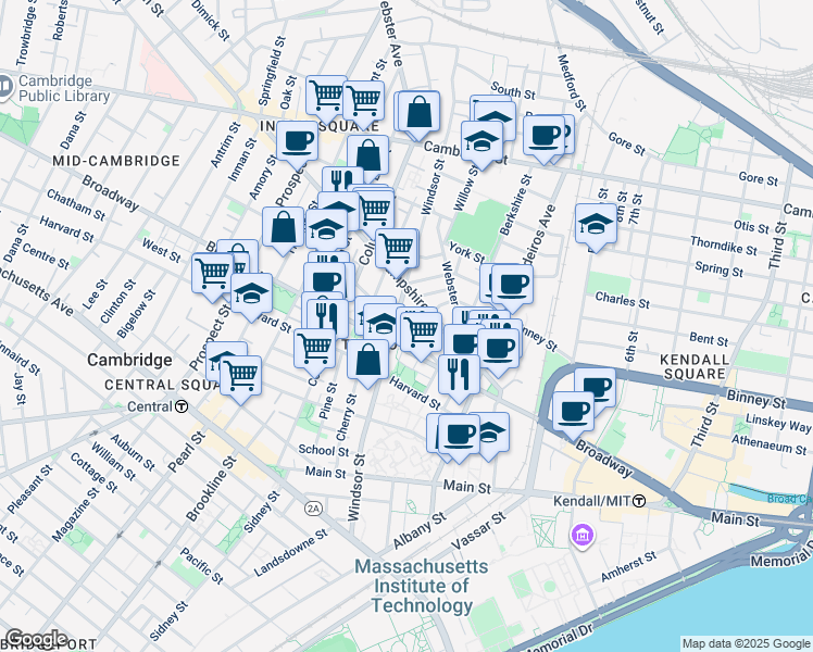 map of restaurants, bars, coffee shops, grocery stores, and more near 19 Market Street in Cambridge