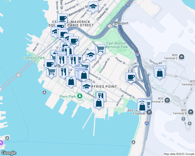 map of restaurants, bars, coffee shops, grocery stores, and more near 296 Maverick Street in Boston