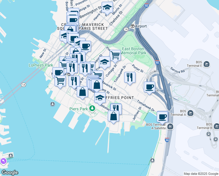 map of restaurants, bars, coffee shops, grocery stores, and more near 98 Everett Street in Boston