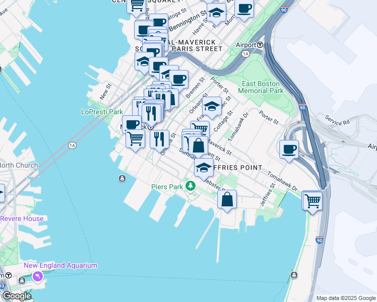 map of restaurants, bars, coffee shops, grocery stores, and more near 16 Cottage Street in Boston