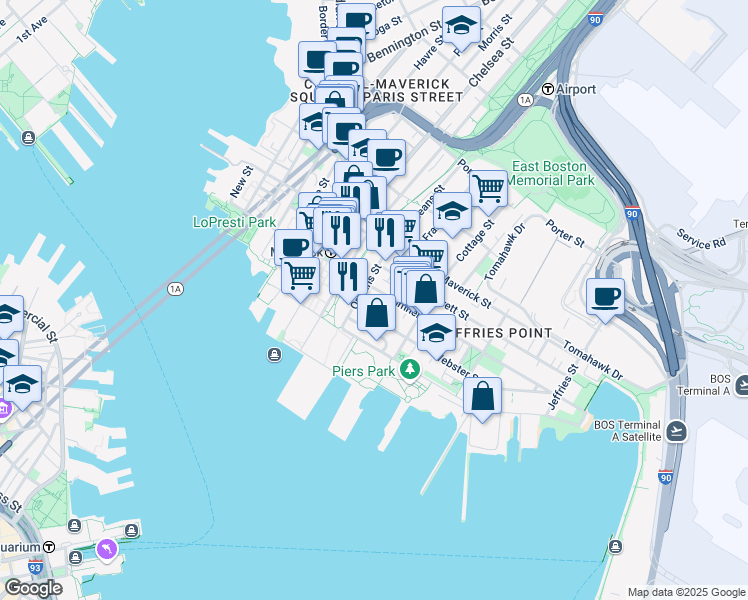 map of restaurants, bars, coffee shops, grocery stores, and more near 16 Cottage Street in Boston