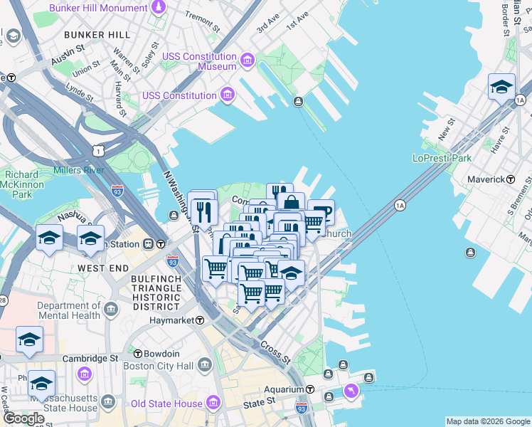 map of restaurants, bars, coffee shops, grocery stores, and more near 501 Commercial Street in Boston