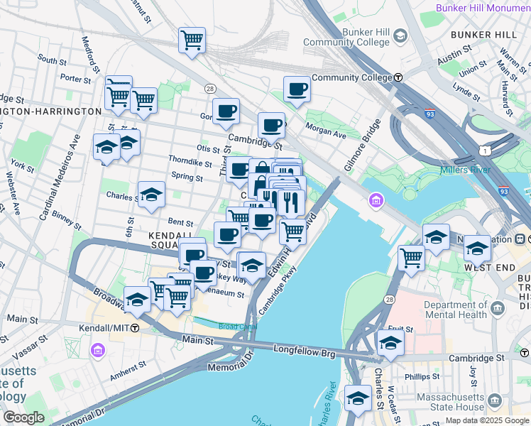 map of restaurants, bars, coffee shops, grocery stores, and more near 100 Cambridgeside Place in Cambridge
