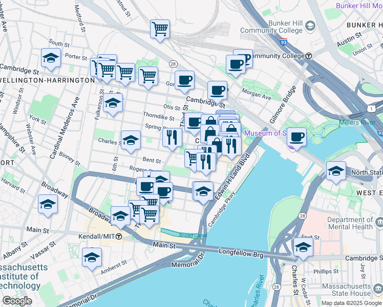 map of restaurants, bars, coffee shops, grocery stores, and more near 110 Second Street in Cambridge