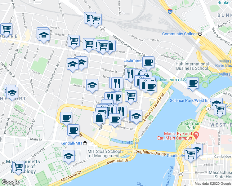 map of restaurants, bars, coffee shops, grocery stores, and more near 126-132 Charles Street in Cambridge