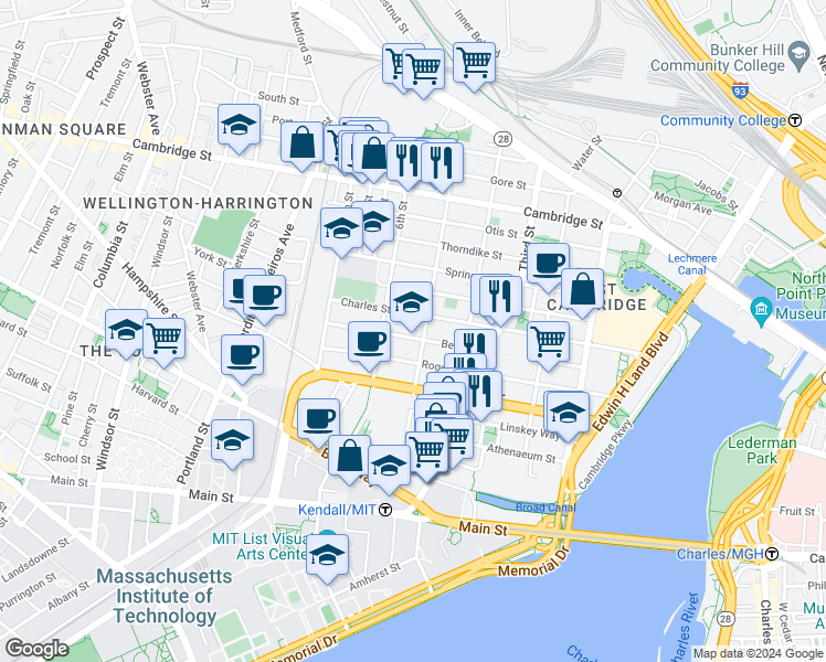 map of restaurants, bars, coffee shops, grocery stores, and more near 254 Bent Street in Cambridge
