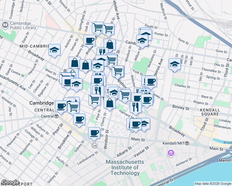 map of restaurants, bars, coffee shops, grocery stores, and more near in Cambridge