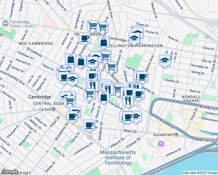 map of restaurants, bars, coffee shops, grocery stores, and more near in Cambridge