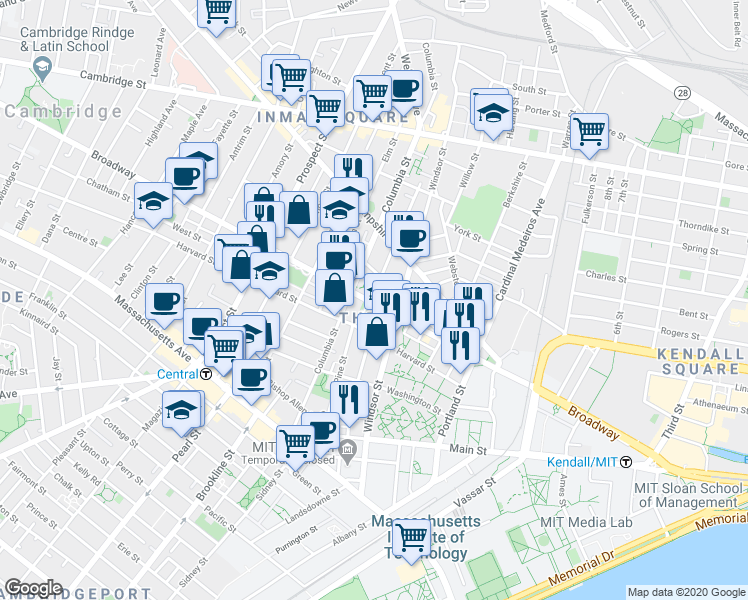 map of restaurants, bars, coffee shops, grocery stores, and more near 268 Broadway in Cambridge
