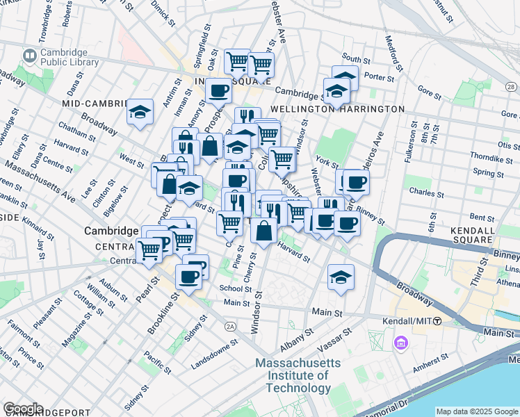 map of restaurants, bars, coffee shops, grocery stores, and more near 268 Broadway in Cambridge