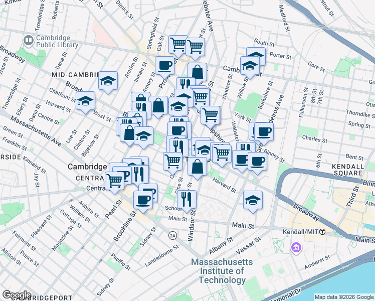 map of restaurants, bars, coffee shops, grocery stores, and more near 268 Broadway in Cambridge
