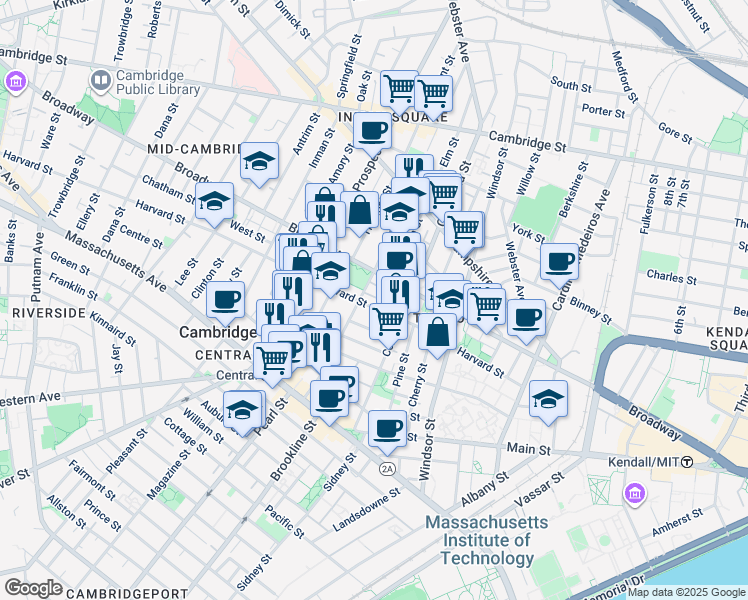 map of restaurants, bars, coffee shops, grocery stores, and more near 14 Elm Street in Cambridge