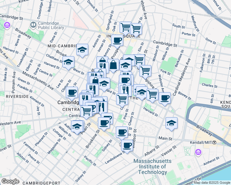 map of restaurants, bars, coffee shops, grocery stores, and more near 135 Norfolk Street in Cambridge