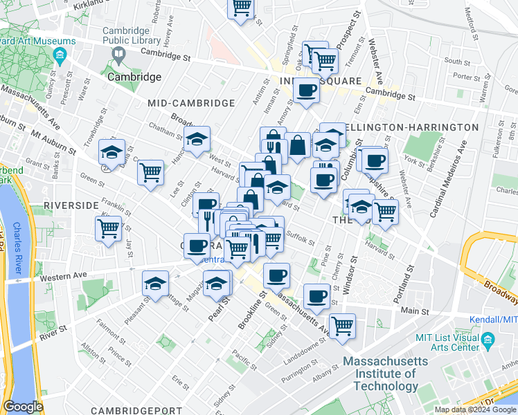 map of restaurants, bars, coffee shops, grocery stores, and more near 55 Essex Street in Cambridge