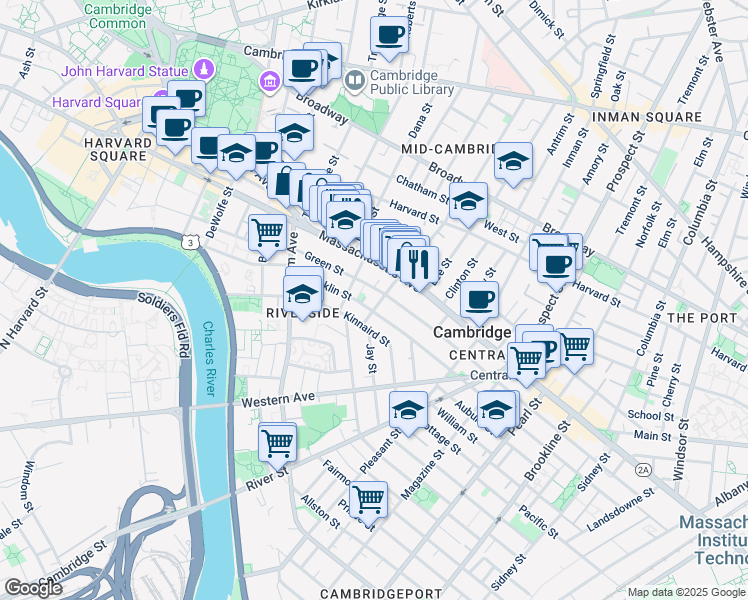 map of restaurants, bars, coffee shops, grocery stores, and more near 488 Franklin Street in Cambridge