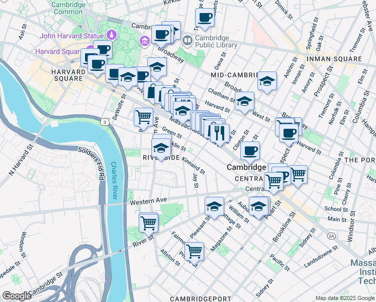 map of restaurants, bars, coffee shops, grocery stores, and more near 488 Franklin Street in Cambridge