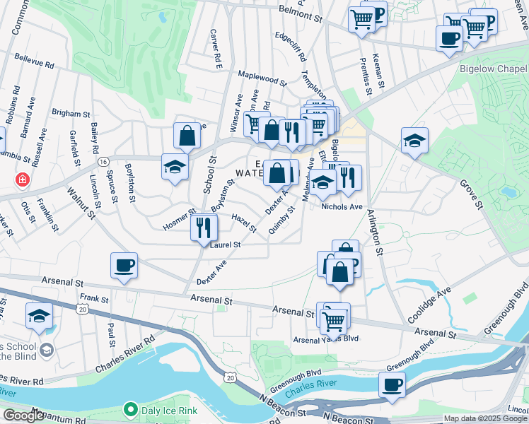 map of restaurants, bars, coffee shops, grocery stores, and more near 78 Dexter Avenue in Watertown
