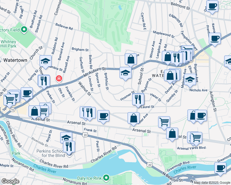 map of restaurants, bars, coffee shops, grocery stores, and more near 86 Boylston Street in Watertown