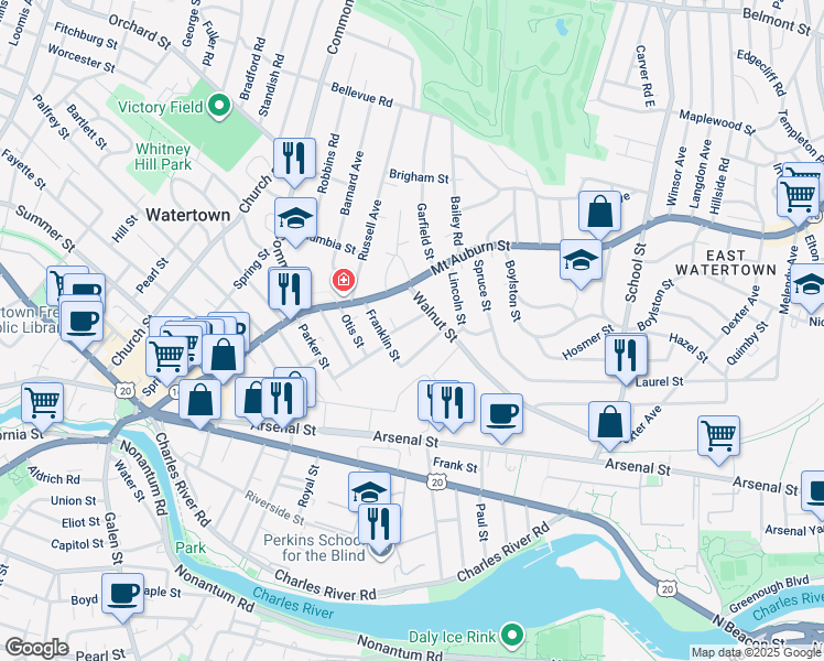 map of restaurants, bars, coffee shops, grocery stores, and more near 100 Franklin Street in Watertown