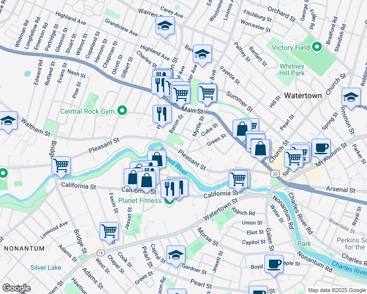 map of restaurants, bars, coffee shops, grocery stores, and more near 71 Myrtle Street in Watertown