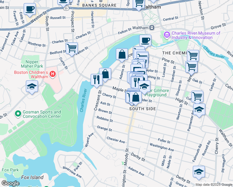 map of restaurants, bars, coffee shops, grocery stores, and more near 107 Adams Street in Waltham