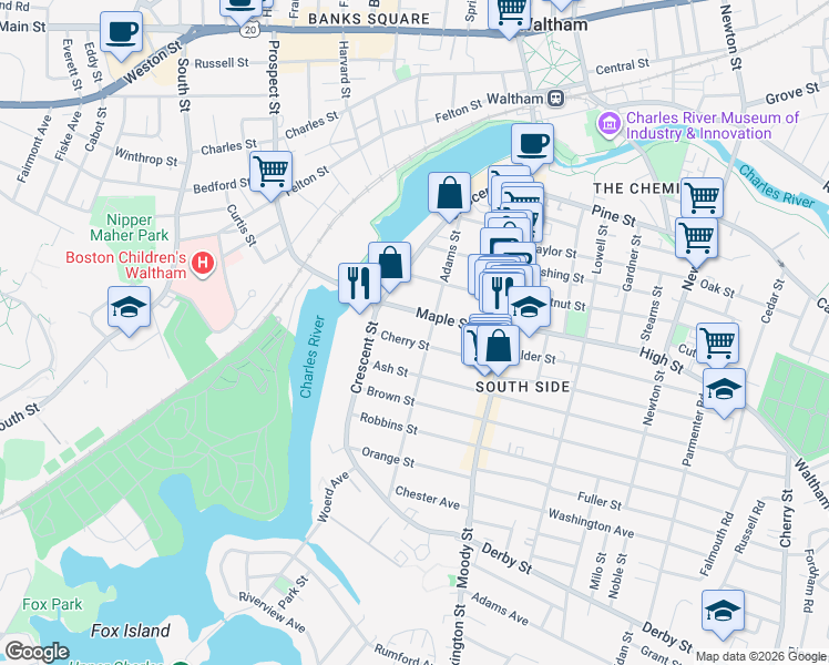 map of restaurants, bars, coffee shops, grocery stores, and more near 107 Adams Street in Waltham