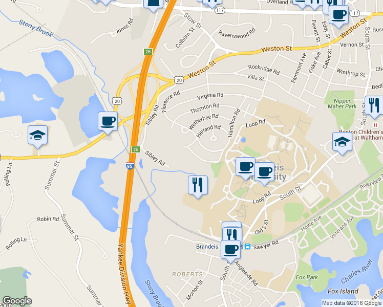 map of restaurants, bars, coffee shops, grocery stores, and more near 127 Westgate Road in Waltham