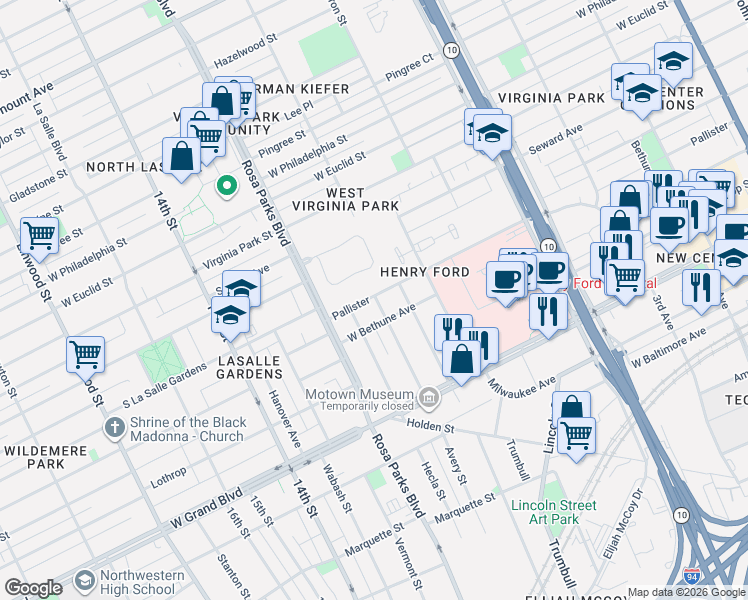 map of restaurants, bars, coffee shops, grocery stores, and more near 1707 Pallister in Detroit