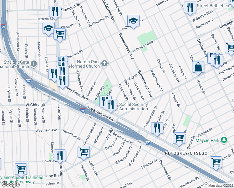 map of restaurants, bars, coffee shops, grocery stores, and more near 5151 West Chicago in Detroit