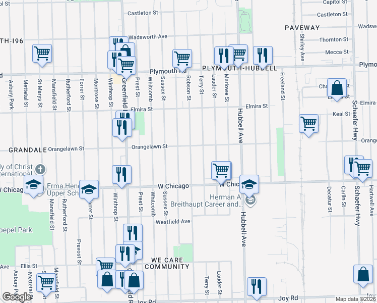 map of restaurants, bars, coffee shops, grocery stores, and more near 9634 Robson Street in Detroit