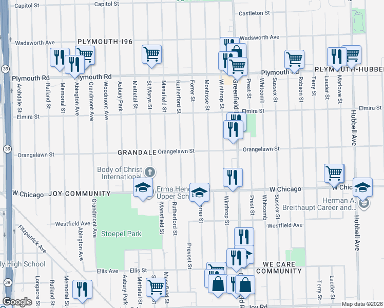map of restaurants, bars, coffee shops, grocery stores, and more near 9660 Forrer Street in Detroit
