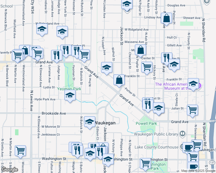 map of restaurants, bars, coffee shops, grocery stores, and more near 1005 Grand Avenue in Waukegan