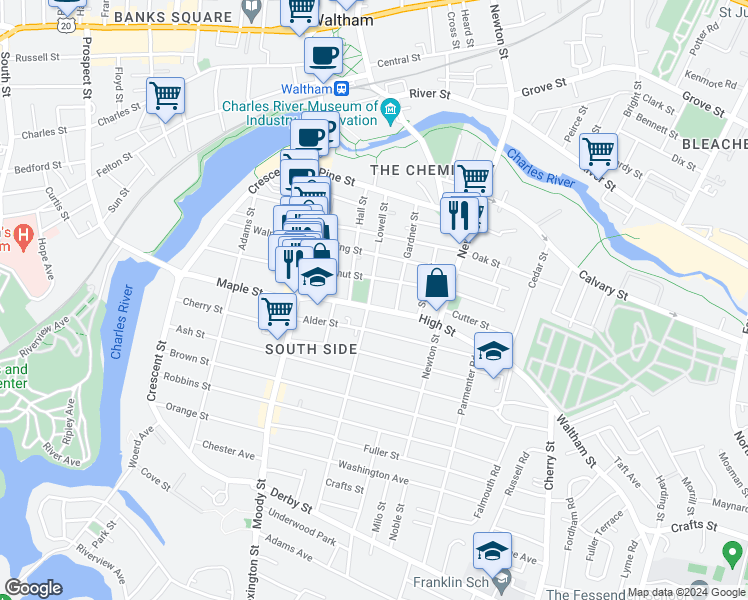 map of restaurants, bars, coffee shops, grocery stores, and more near 92 Lowell Street in Waltham