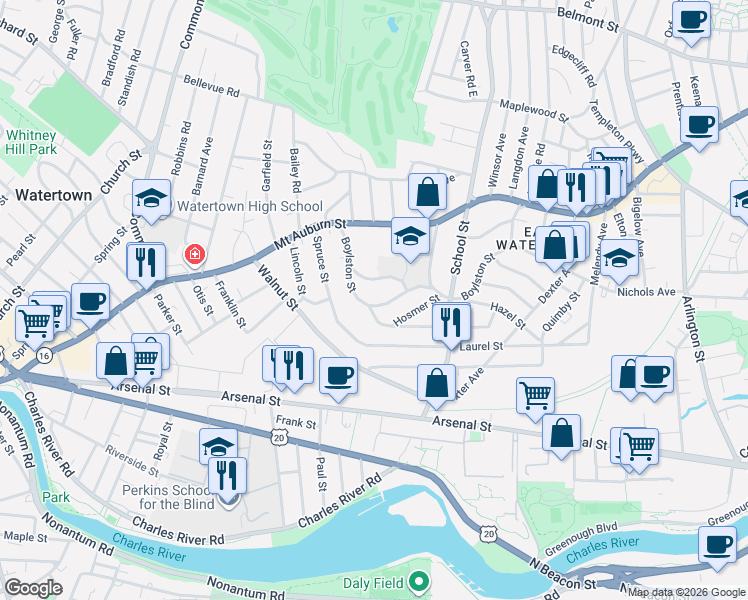 map of restaurants, bars, coffee shops, grocery stores, and more near 86 Boylston Street in Watertown