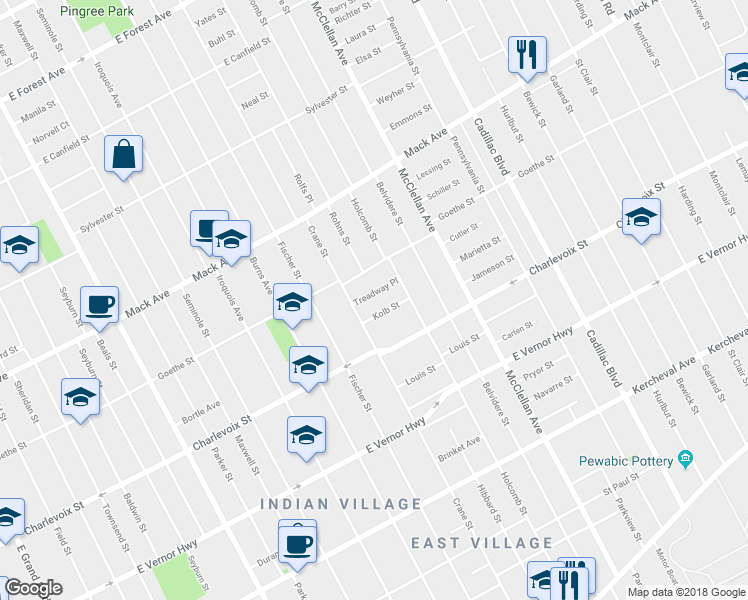 map of restaurants, bars, coffee shops, grocery stores, and more near 8838 Treadway Place in Detroit
