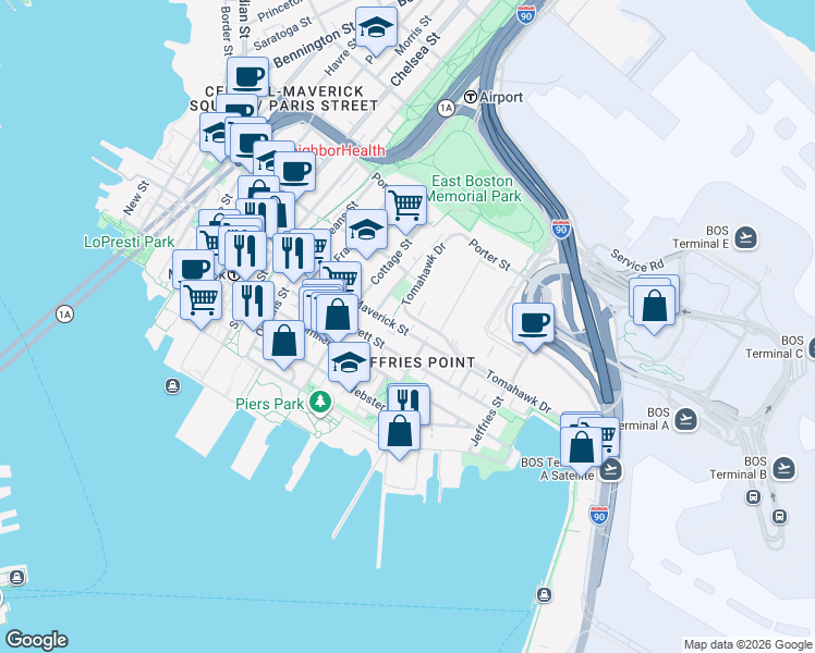 map of restaurants, bars, coffee shops, grocery stores, and more near 296 Maverick Street in Boston