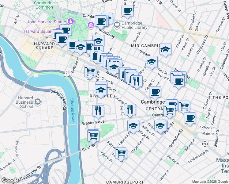 map of restaurants, bars, coffee shops, grocery stores, and more near in Cambridge