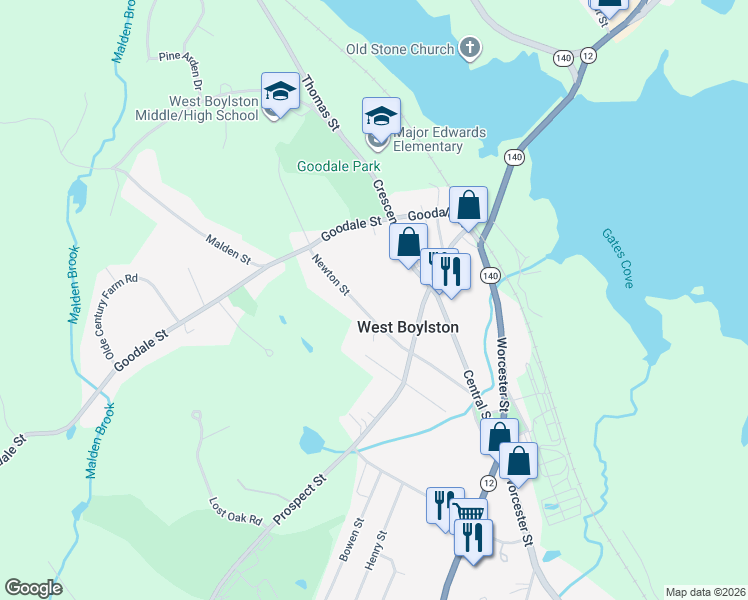 map of restaurants, bars, coffee shops, grocery stores, and more near 64 Newton Street in West Boylston