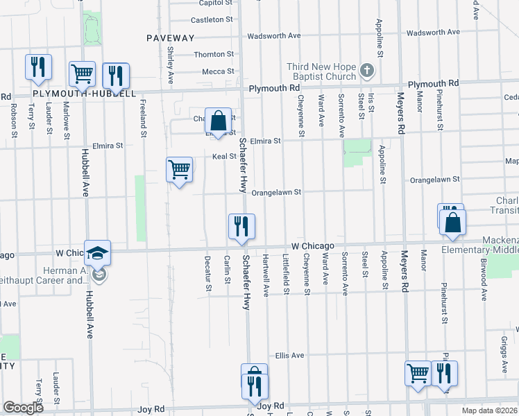 map of restaurants, bars, coffee shops, grocery stores, and more near 9613 Hartwell Avenue in Detroit