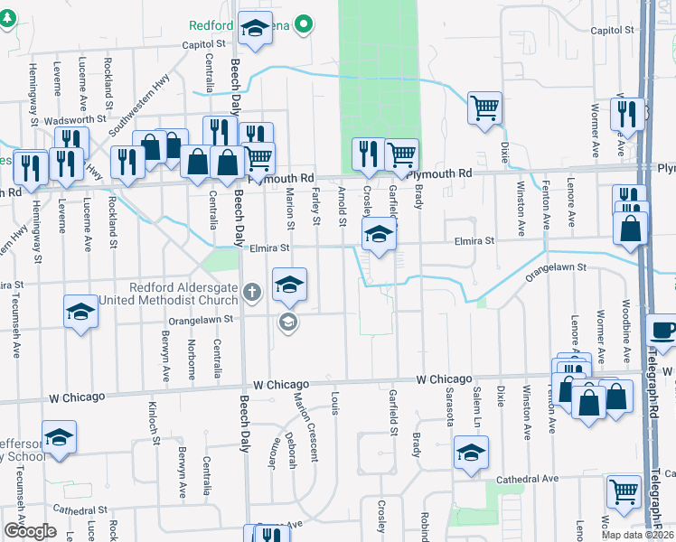 map of restaurants, bars, coffee shops, grocery stores, and more near 10003 Arnold in Redford Charter Township